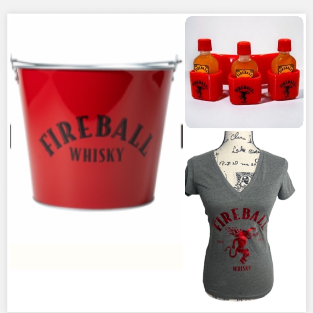 Fireball Red‎ Galvanized Metal Canister Bucket & 3 shot Fireball and T Shirt